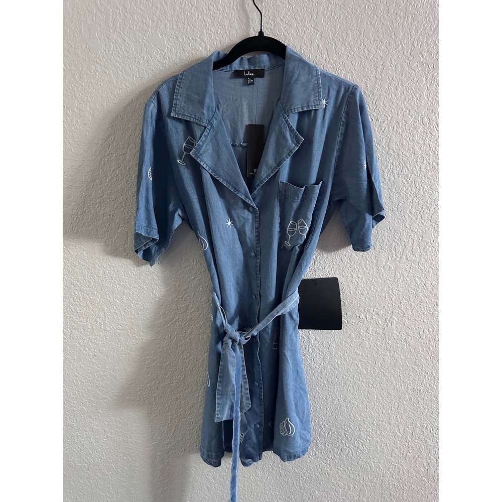 Lulus Blue Chambray Embroidered Wine & Cheese Mini Shirt Dress NWT Medium